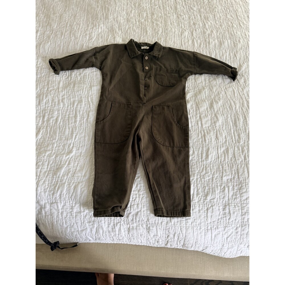 Kids Olive Green Utility Coverall Jumpsuit Long Sleeve Romper Pockets